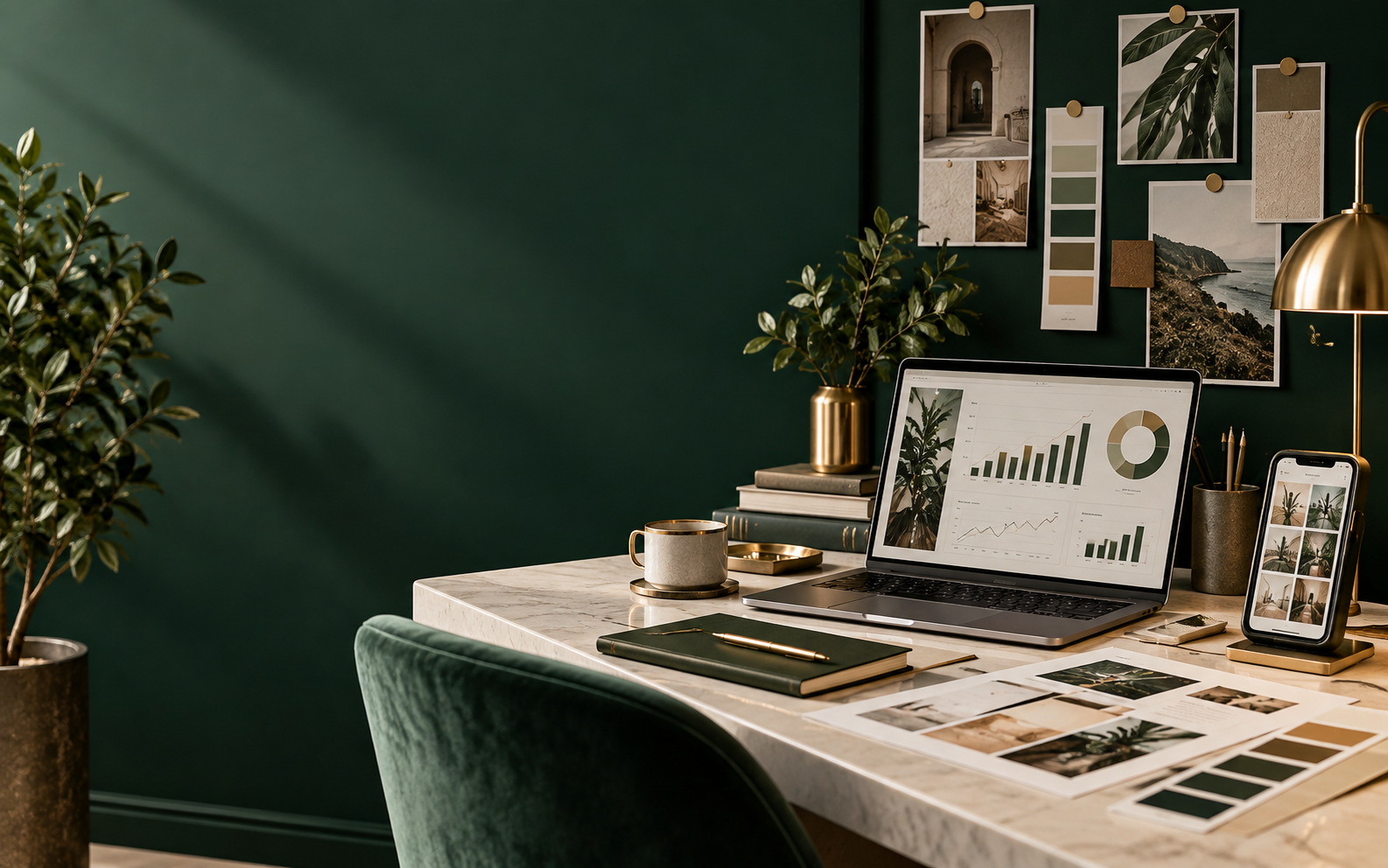 A premium creative studio workspace with campaign planning, brand materials, and analytics